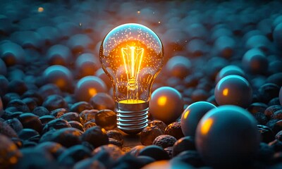 Wall Mural - A glowing light bulb stands out amidst a sea of dark, textured spheres, creating a vibrant atmosphere