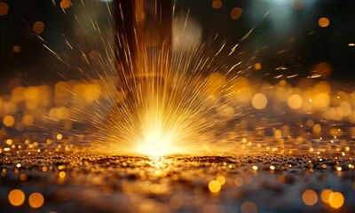 Wall Mural - Close-up of a vibrant spark explosion on a wet surface, illuminated by warm bokeh lights