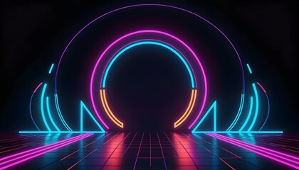 Fototapete - Abstract Glowing Neon Portal with Grid Floor in Dark Scene