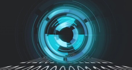 Poster - Glowing circular interface being rendered floating above binary code plane cyan?blue 3D style