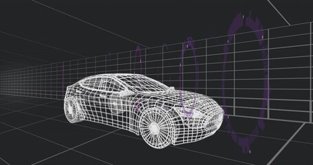 Poster - Modern white sedan wireframe rotating in dark grid room, displaying floating purple portal rings