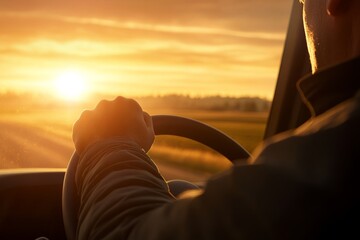 Aufkleber - As the sun sets, a driver holds the steering wheel firmly, surrounded by a blurred landscape that stretches into the horizon, capturing a moment of tranquility