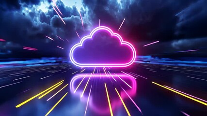 Poster - Pink and blue frame 3d neon light forming digital colorful cloud shape illuminating a a blue nebula, dark art abstract background video 4k