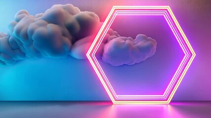 Poster - Vibrant 3d creating hexagon frame glowing colorful bright, abstract clouds background gradient of pink and blue amidst neon a striking visual contrast Copy space for text video 4k