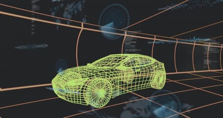 Poster - Neon green 3D wireframe sports car hovering in orange grid tunnel, showing blue holographic data
