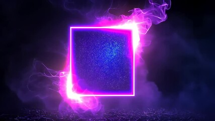 Poster - Glowing purple neon square frame and against a dark smoky abstract background, enhanced by flickering fire radiating vibrant light flares video 4k