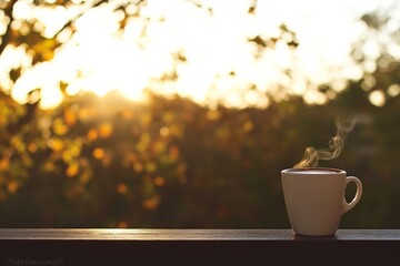 Poster - A steaming cup of coffee sits on a wooden table, glowing in warm morning light. A softly blurred garden in the background enhances the cozy ambiance