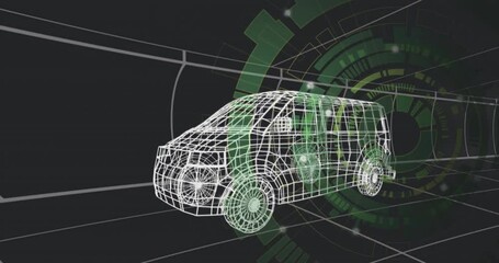 Poster - 3D wireframe SUV model rotating over grid floor in dark virtual space, showing green HUD overlays