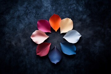 Poster - Colorful petals from various flowers form a circular arrangement atop black velvet. The striking colors and textures create a visually captivating composition