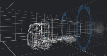 Poster - Wireframe semi-truck and trailer traveling across virtual 3D grid, showing floating blue HUD icons