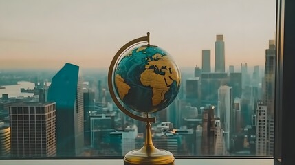 Poster - Holographic globe displaying global enforcement trends urban landscape digital art aerial perspective