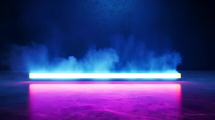 Poster - Purple neon tube light illuminating a dark a smoky with concrete floor, creating and modern room futuristic atmosphere abstract background video 4k
