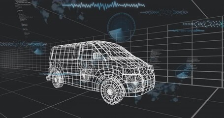 Poster - Wireframe van model floating in dark virtual grid, displaying waveform graphs, code snippets, radar