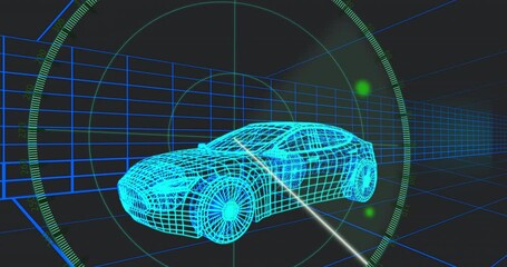 Poster - Neon blue wireframe sports car being visualized in dark grid space, with green HUD gauge overlay