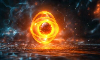 Wall Mural - Glowing atom model with dynamic energy waves in a dark background, symbolizing scientific discovery