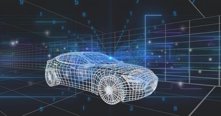 Poster - Wireframe sports car rendering across digital grid, displaying floating blue data and circuit lines
