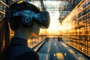 Poster - Virtual reality exploration in a futuristic setting at sunset