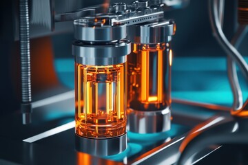 Poster - Innovative design of orange fluid containers in a modern laboratory environment