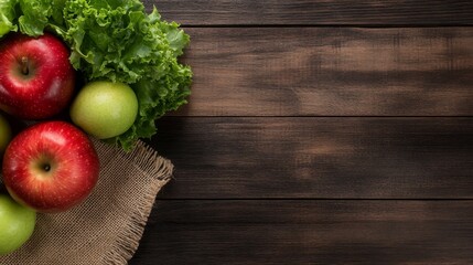 Poster - Top-down view of colorful fresh produce on a rustic wooden table with a burlap cloth. Features vibrant apples and crisp lettuce for a natural presentation