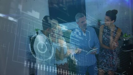 Poster - Business professionals discussing project data in modern office, with animated graphs and world map