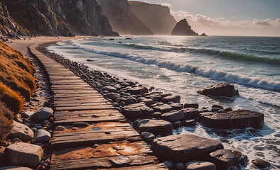 Fototapete - Rocky beach with a wooden boardwalk leading to the water. The beach is empty, and the water is calm