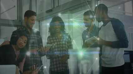 Poster - Six professionals collaborating on devices in tech office, featuring glowing network overlay