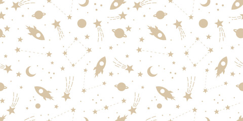 Poster - Celestial warm neutral beige and white fast rocket ships galaxy seamless pattern with stars, vector wallpaper design