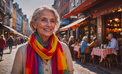 Aufkleber - Woman wearing a rainbow scarf is smiling in front of a restaurant. The scene is lively with many people walking around and dining at the restaurant