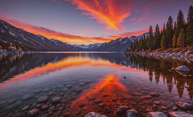 Fototapete - Beautiful lake with a red and orange sky in the background. The sky is filled with clouds and the sun is setting. The lake is calm and peaceful, with a reflection of the sky on the water. The scene is
