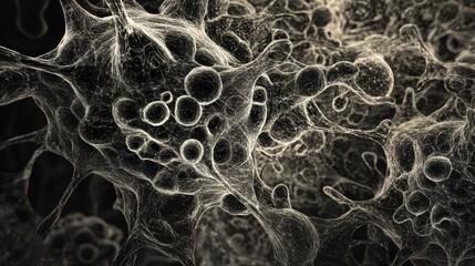 Poster - Abstract microscopic image showing interconnected network of cells and spheres.