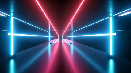 Fototapete - Abstract black background with pink and blue neon glowing lines that extend into the distance, moving through right. tunnel to the a 3d motion speed of light video 4k