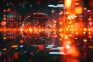 Wall Mural - Global data network, vibrant digital world.  A glowing globe, surrounded by a complex network of lines, lights, and data streams
