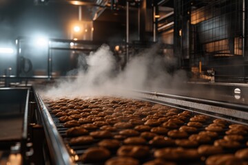 Poster - golden-brown cookies travel down a conveyor belt in a bustling bakery, with steam rising and industr