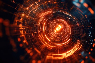 Fototapete - Abstract digital graphic of swirling, concentric circles with glowing orange light and data
