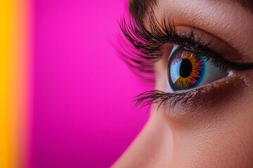 Poster - An intricate eye design merges natural and technological elements, showcasing vibrant colors and details set against a smooth gradient background with ample copy space