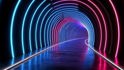 Fototapete - Abstract black background the pink and blue neon light lines that extend into the distance, moving through a tunnel to right. with 3d motion speed of glowing vibrant video 4k