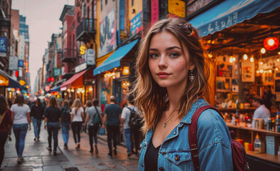 Poster - Woman in a blue jacket stands in front of a busy street with many people walking by. She is wearing a necklace and a pair of sunglasses
