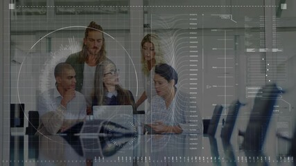 Poster - business team collaborating around glass office table, displaying animated chart overlays