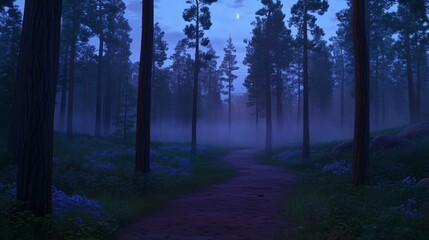 Aufkleber - A winding path cuts through a misty forest, illuminated by moonlight. Fog envelops tall trees, creating an eerie yet peaceful ambiance inviting exploration