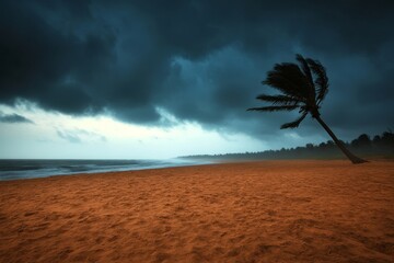 Aufkleber - A palm tree leans sharply in heavy winds, emphasizing the turbulent storm clouds gathering above a quiet sandy beach, evoking a sense of nature's power and beauty