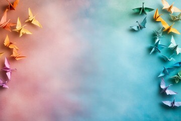 Fototapete - Vibrant origami cranes spiral outwards on a soft pastel backdrop, highlighting the beauty of paper art and offering ample copy space for creative use