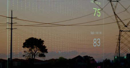 Poster - High-voltage transmission tower rising in dusk sky displaying neon waveform overlays in 3D render