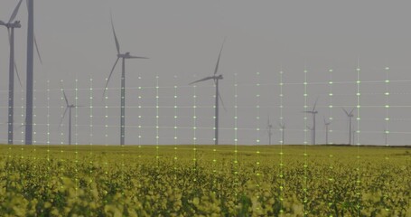 Poster - Wind turbine rising over yellow field, showing neon green line chart overlay animated illustration