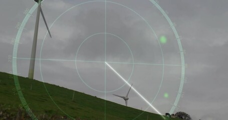 Poster - White wind turbines being animated on sloping hill, showing radar HUD overlay with degree ticks
