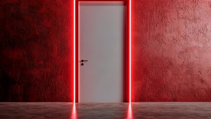 Poster - White lighting, standing red dramatic wall, bathed in neon door highlighting minimalist interior design with vibrant, against ambiance background video 4k