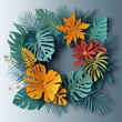 © Tom - Colorful tropical paper cutout design featuring a variety of leaves and flowers on a grey background suitable for vibrant decor or graphic projects