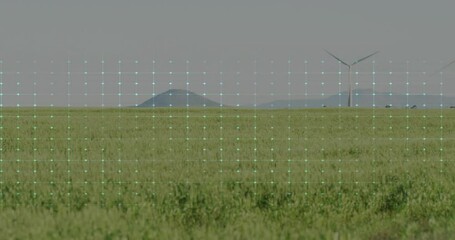 Poster - Neon ECG-style waveform pulsing across grassy plain, with wind turbines in flat design data grid