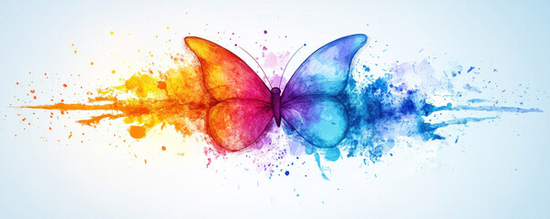 Poster - A butterfly with its wings spread out in a rainbow of colors. The butterfly is surrounded by splatters of paint, giving the impression of a vibrant and dynamic scene. Concept of freedom and creativity
