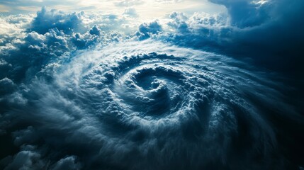 Wall Mural - Dramatic aerial view of a swirling vortex of dark storm clouds illuminated by sunlight.
