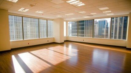 Aufkleber - Spacious office area features large windows and a minimalist aesthetic, illuminated by sunlight flooding in, providing a bright and open atmosphere